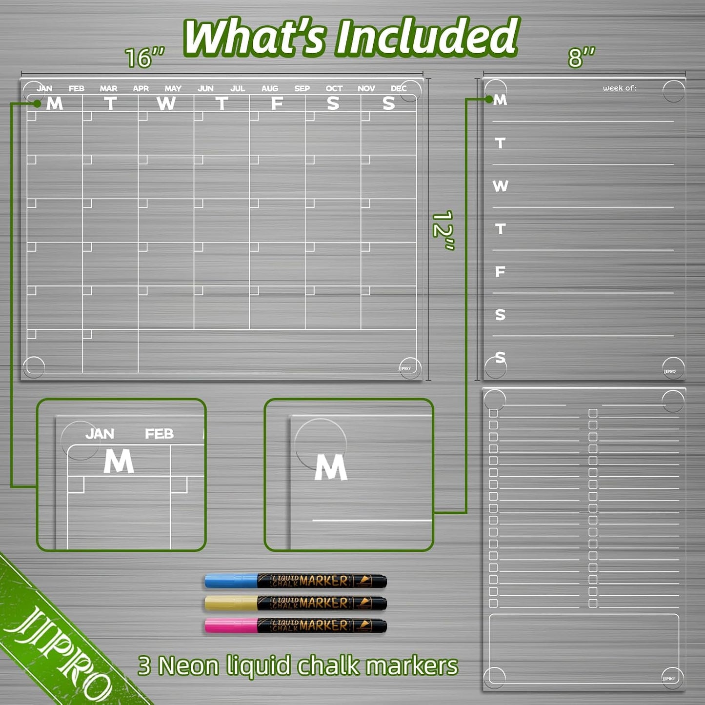 JJPRO Non-Magnetic Dry Erase Calendar for Fridge, Clear Monthly Calendar, Weekly Daily Meal Board Bundle -Starts Sunday,12"x16" Clear Reusable Calendar Stick to Fridge,Wall, All Smooth Surfaces