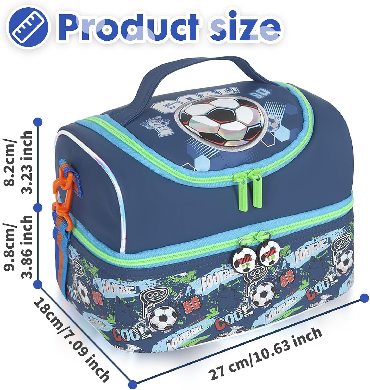 Kids Double Decker Cooler Insulated Lunch Bag, Back to School Large Meal Tote for Boys, Girls, Men, Women, with Adjustable Strap, Soccer