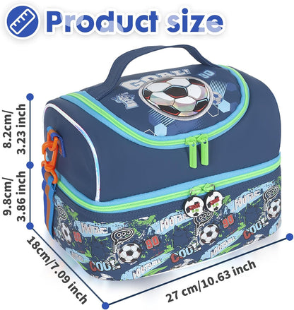 Kids Double Decker Cooler Insulated Lunch Bag, Back to School Large Meal Tote for Boys, Girls, Men, Women, with Adjustable Strap, Soccer