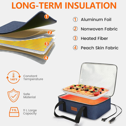 Food Warmer Electric Casserole Carrier - Large Heated Lunch Bag for Car Truck, 12V/24V/110V, Thermos for hot food for Potluck Cookouts Parties Picnic,Lasagna Lugger,Fits 9"x13" Baking Pan (Navy)