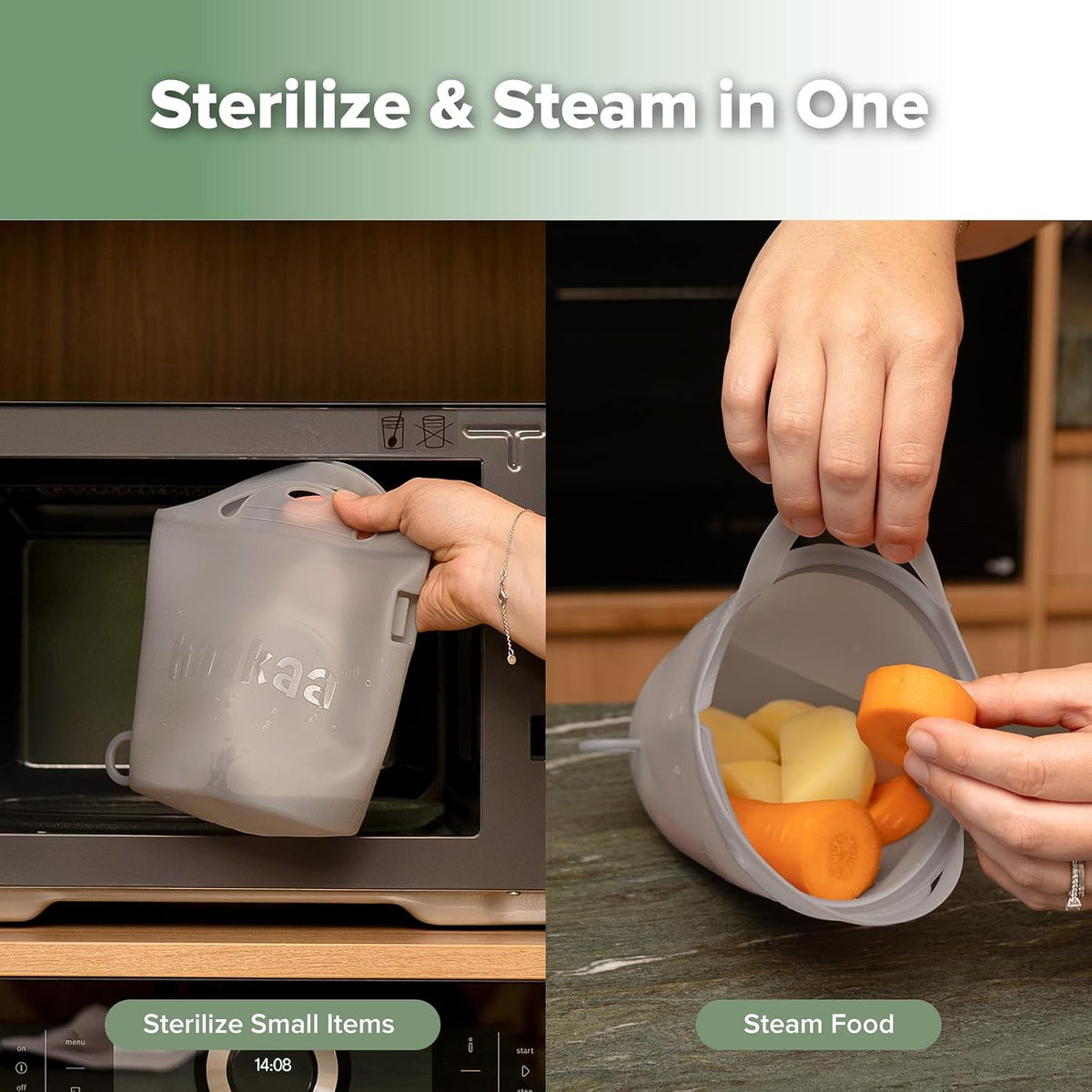 Haakaa Silicone Microwave Steamer & Steriliser Bag, 70oz/2000ml Large Capacity Reusable Steaming Bags for Baby Bottles, Breast Pump, Accessories, Pacifiers,Teethers, Great for Home&On The Go, Grey/1PC