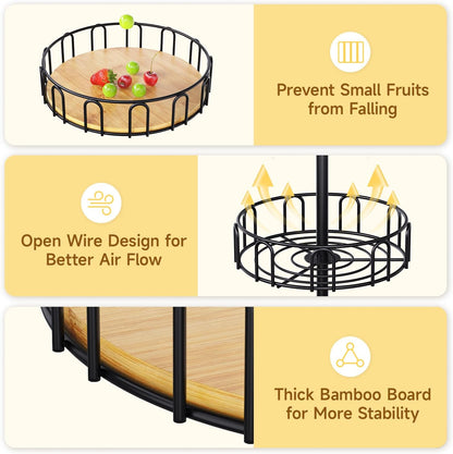 PouHenier.jh 3 Tier Rotating Fruit Basket Bowl, Kitchen Counter Wire Produce Organizer Holder, Stable Vegetable Storage Stand with 2 Banana Hangers, Countertop Tiered Veggie Rack, Easy Setup, Black