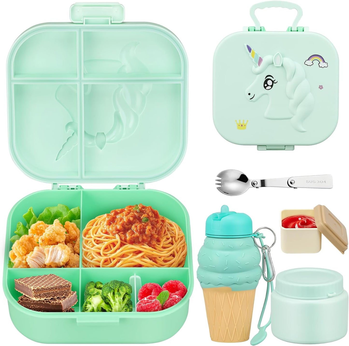 Aimsnk Magical Dinosaur Kids Lunch Box Set -12oz Insulated Food Jar, Leakproof Lunch Food Containers Cutlery, Leak-Proof Sauce Cup & Spoon, Gradient Green+Jar Green