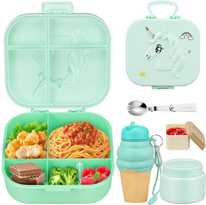 Aimsnk Magical Dinosaur Kids Lunch Box Set -12oz Insulated Food Jar, Leakproof Lunch Food Containers Cutlery, Leak-Proof Sauce Cup & Spoon, Gradient Green+Jar Green