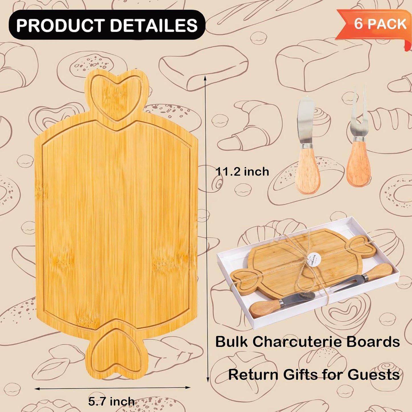 67Pcs Baby Shower Prizes Charcuterie Boards Bulk for Guests Bamboo Cheese Board Gift Set Mini Cutting Boards Wedding Bridal Party Favors for Valentine's Day Housewarming Christmas Birthday, 6 set