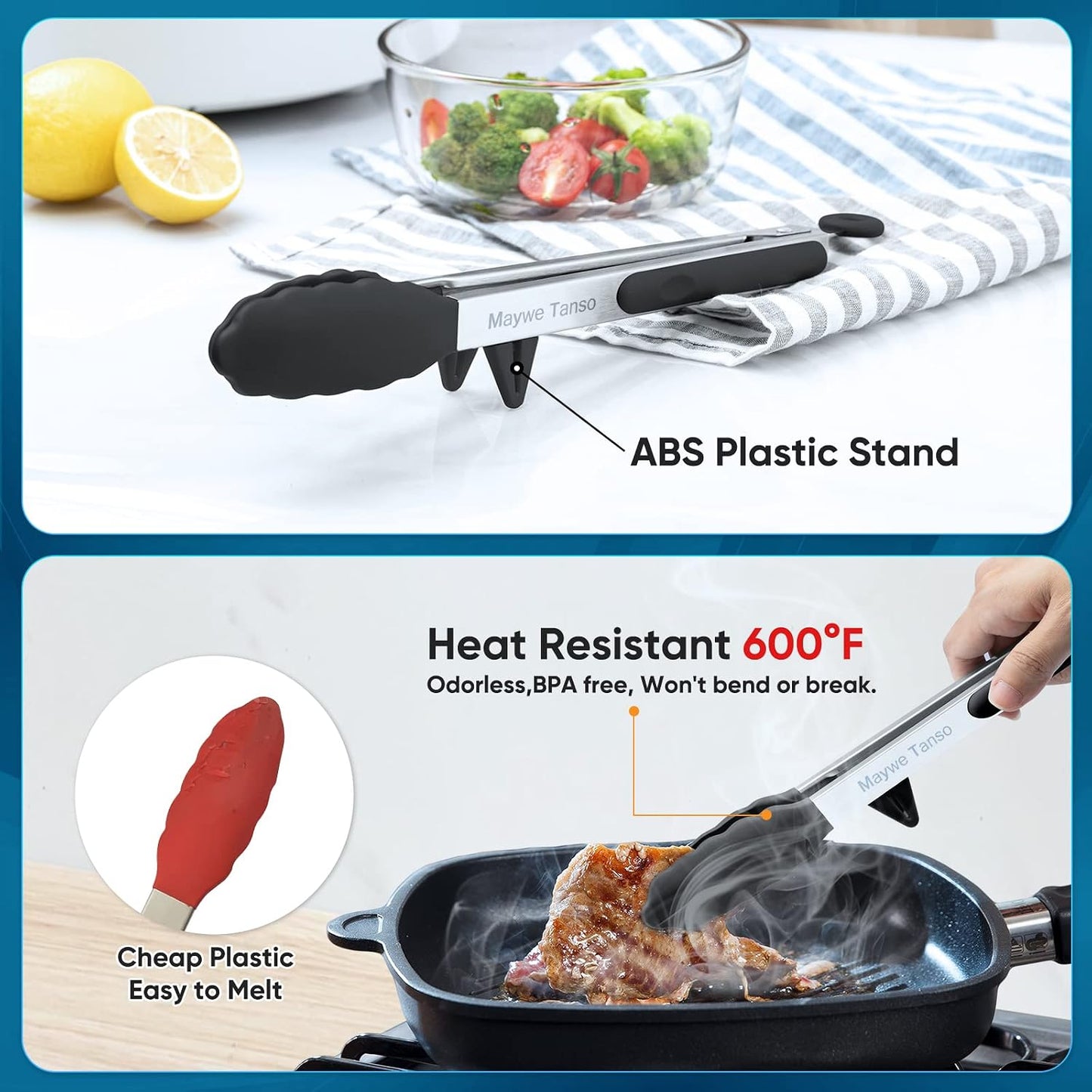 3 Pack Silicone Tongs for Cooking,Maywe Tanso 9 Inch Cooking Kitchen Tongs with Silicone Tips,Nonstick Stainless Steel Tongs for Steak Pie Pizza Pasta Spaghetti Salad BBQ Buffet