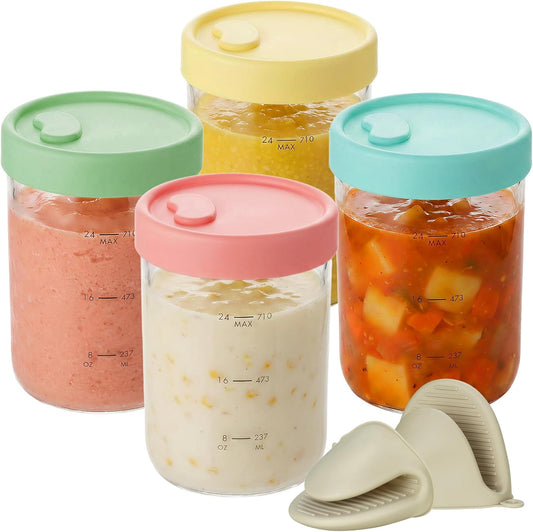 4-Pack Glass Soup Freezer Containers with Vented Silicone Lids, 24oz High Borosilicate Meal Prep Jars, Leakproof Microwave and Dishwasher Safe Food Storage Set for Stew, Sauce, Home and Office