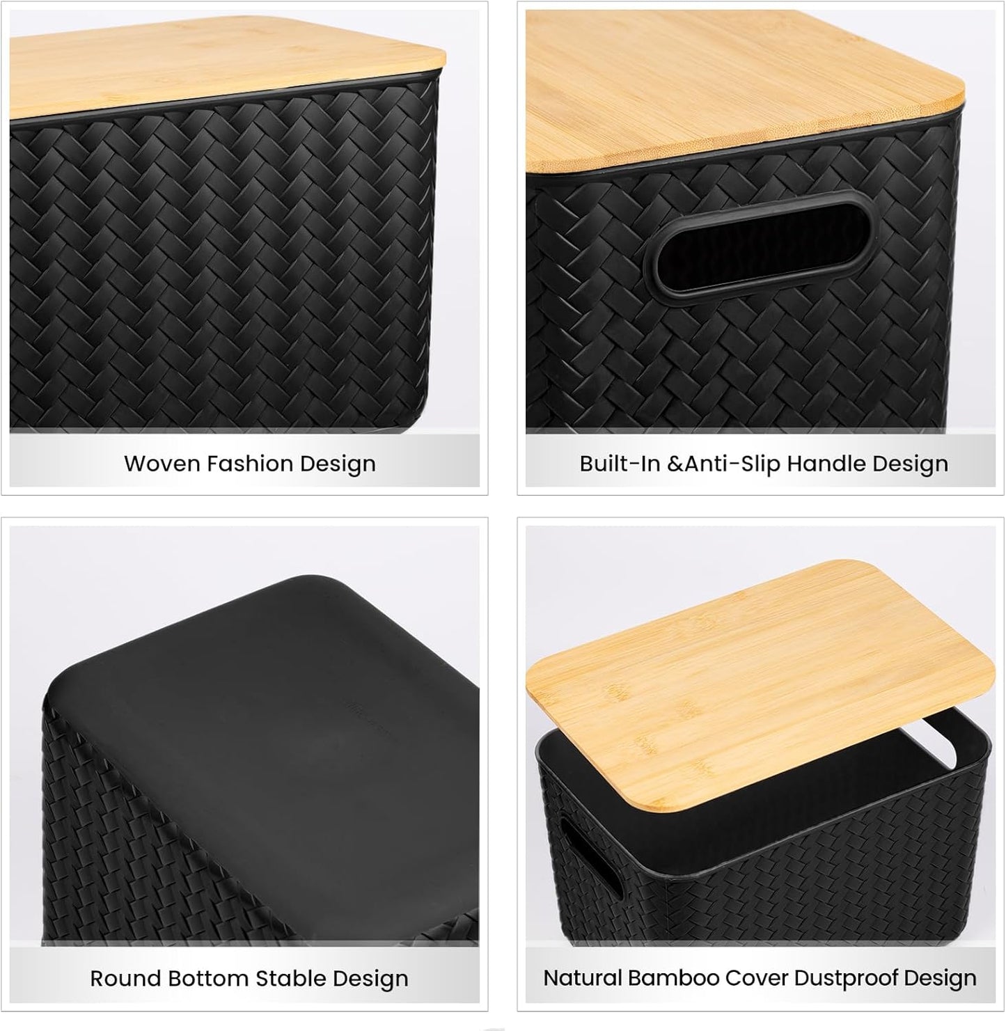 Ohmlove 4 Packs Storage Bins with Bamboo Lids - Plastic Storage Containers with Lids Stackable Storage Box：Storages Baskets for Organizing Desktop Closet Playroom Classroom Office,White