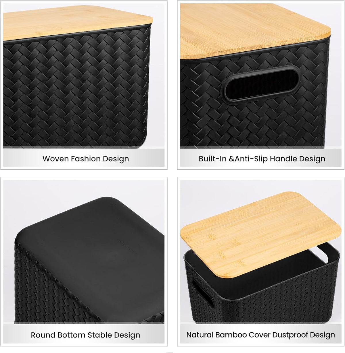 Ohmlove 4 Packs Storage Bins with Bamboo Lids - Plastic Storage Containers with Lids Stackable Storage Box：Storages Baskets for Organizing Desktop Closet Playroom Classroom Office,White