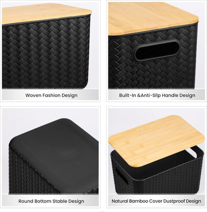 Ohmlove 4 Packs Storage Bins with Bamboo Lids - Plastic Storage Containers with Lids Stackable Storage Box：Storages Baskets for Organizing Desktop Closet Playroom Classroom Office,White