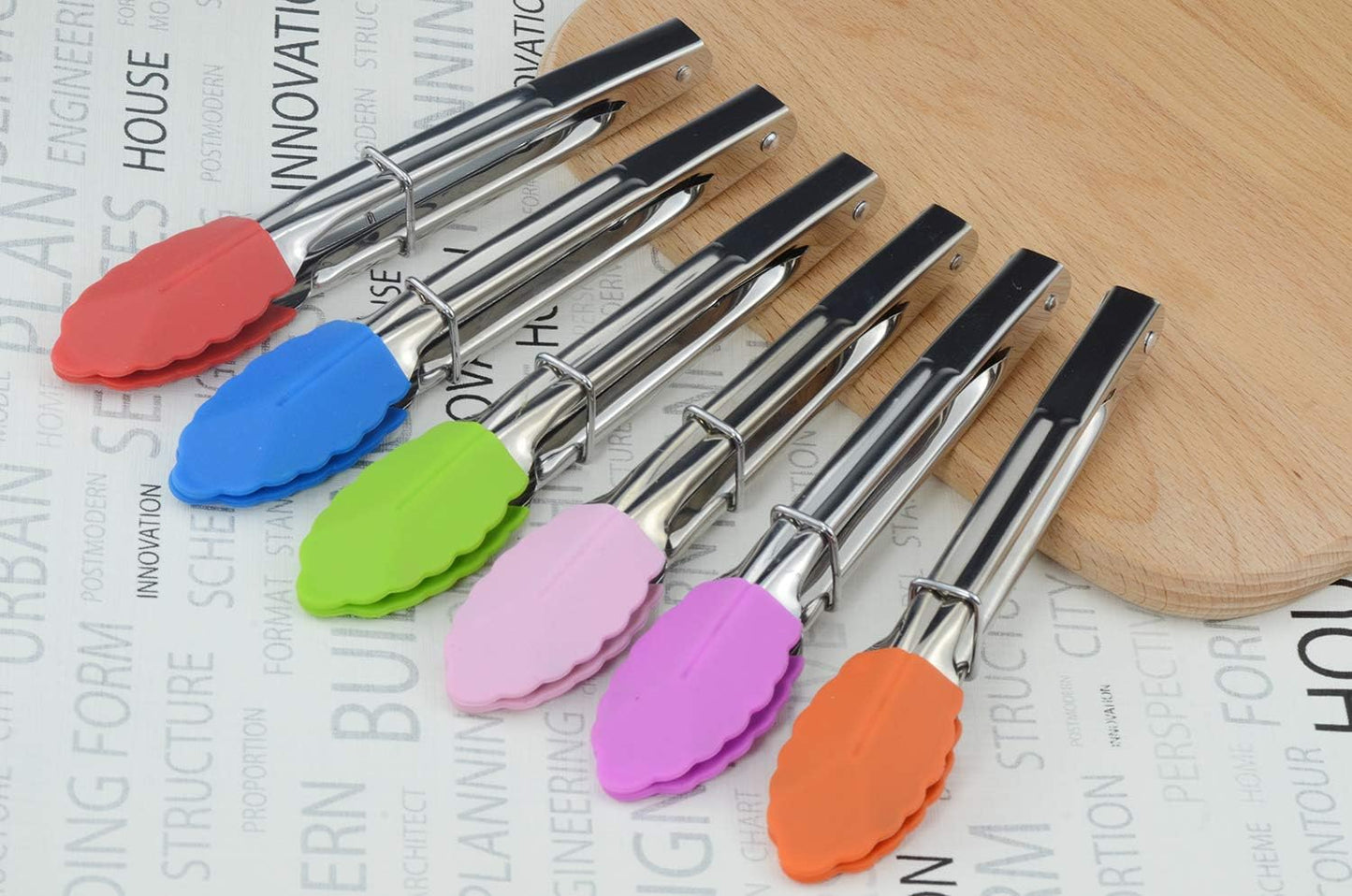 HINMAY Mini Stainless Steel Food Tongs with Silding Rings 7-Inch, Set of 6 | Small Clam Shell Service Tongs for Serving Appetizers, Desserts, Salads, Barbecue and Cooking (Silver)