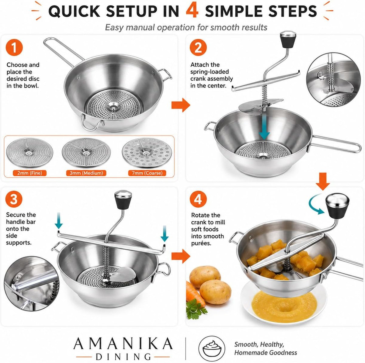 Food Mill Stainless Steel, 2 Qt Manual Food Mill with 3 Discs, Ergonomic Hand Crank, Baby Food Maker & Potato Ricer Stainless Steel for Tomato Sauce, Applesauce, Mashed Potatoes, Purees & canning