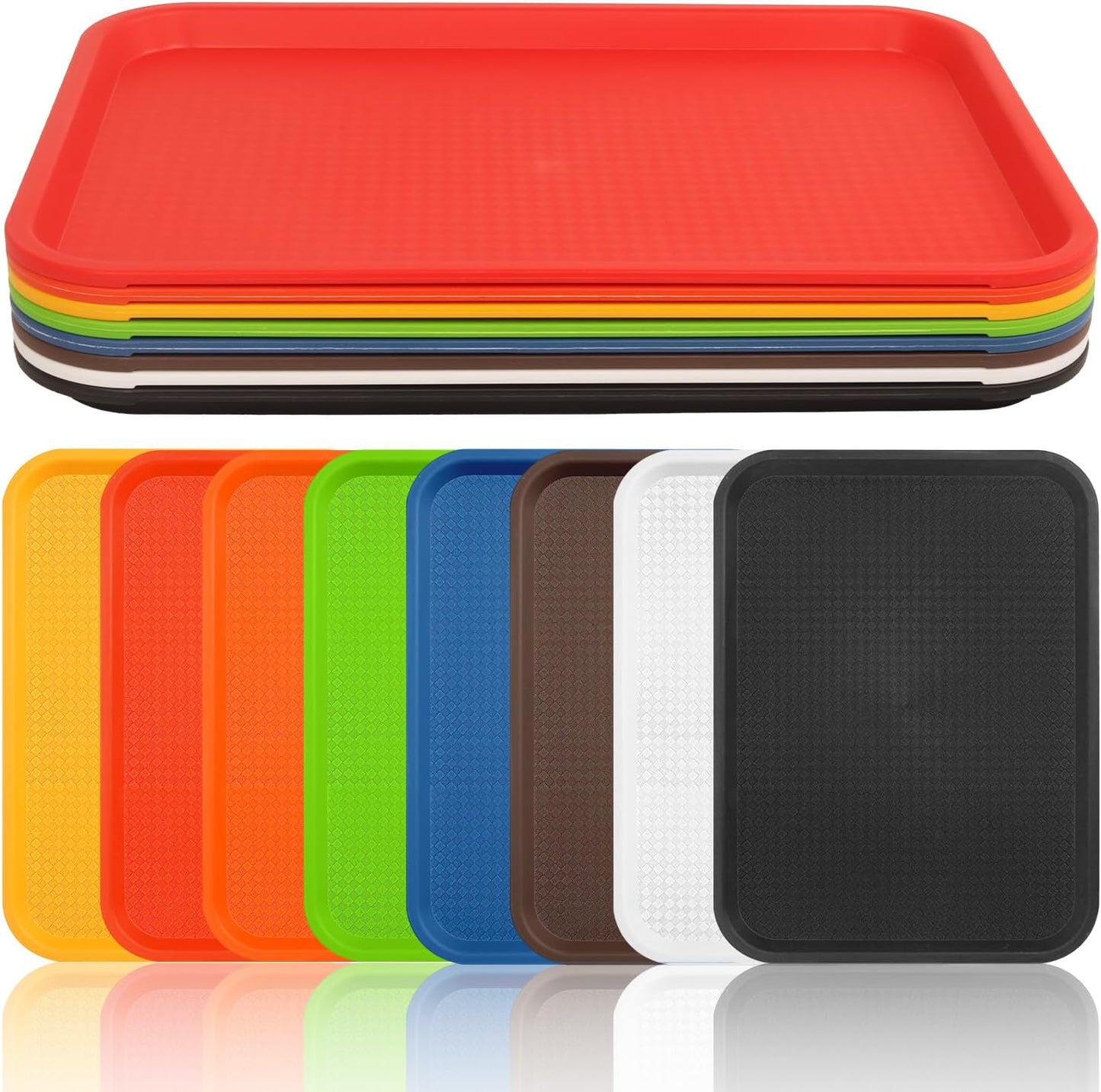 Plastic Fast Food Trays, 8 Pack Cafeteria & Restaurant Serving Tray Set for Coffee Table, Kitchen & Party, Multi-Color Reusable Snack Trays for Home, School, Events (11.8x16.3x0.8 Inches)