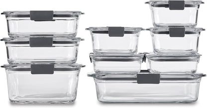 Rubbermaid Brilliance Glass Food Storage set of 4 containers 8 total pieces (4 containers + 4 lids) for Lunch Meal Prep and Leftovers Dishwasher and Oven Safe Clear/Grey