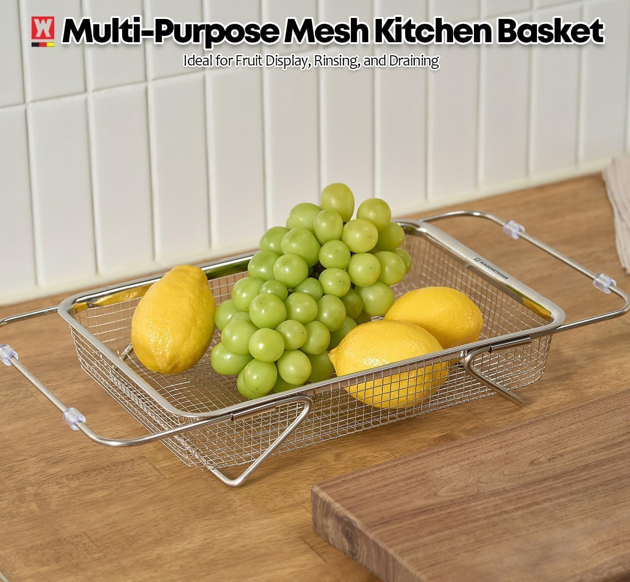 WAGENSTEIGER Extendable Dish Rack with Feet, Vegetable Colander Basket, Stainless Steel Dish or Silverware Drying Rack, Ultimate Kitchen Organizer Over the Sink (11.81 x 8.27 x 2.76 Inches)
