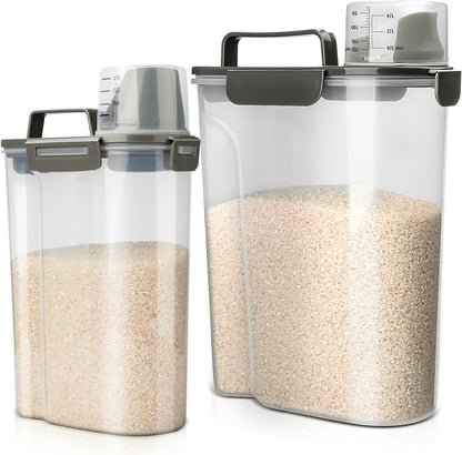 Viretec Rice Storage Container, 15 to 20lb Dry Food Airtight Dispenser, Pet Dog Cat Food Canister, BPA Free Clear Plastic Kitchen and Pantry Bin for Oatmeal, Cereal, Pasta, Flour Pack of 2 Grey
