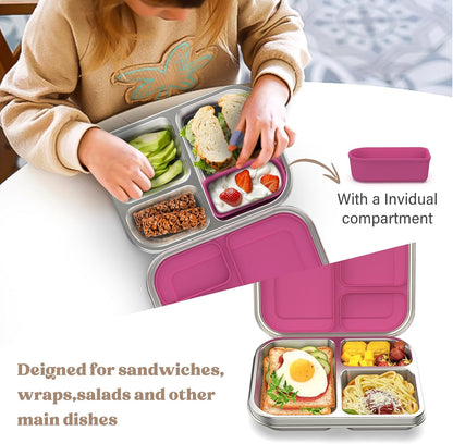 BABHAMNESS Stainless Steel Bento Box Kids, 3 Compartments Leak Proof Metal Bento Lunch Box, 304 Stainless Steel Bento Lunch Containers for School and Office,Dishwasher Safe, BPA-Free-Pink