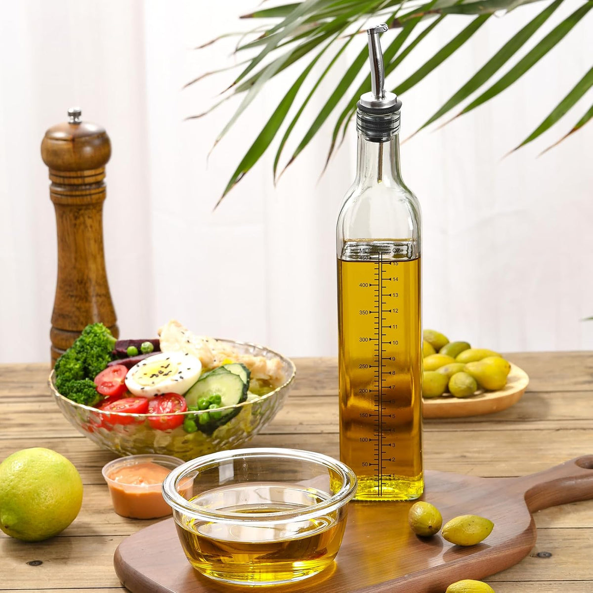 AOZITA 17oz Glass Olive Oil Bottle Dispenser - 500ml Green Oil and Vinegar Cruet with Pourers and Funnel - Olive Oil Carafe Decanter for Kitchen