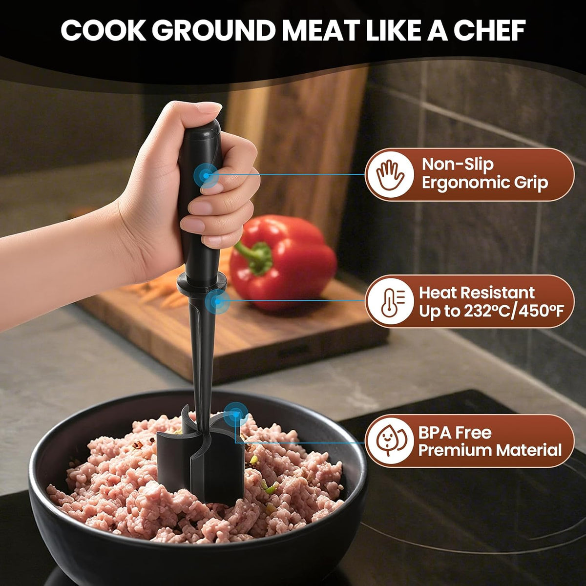 CUNSENR Meat Chopper, Ground Beef Masher, Hamburger Smasher Tool, Black