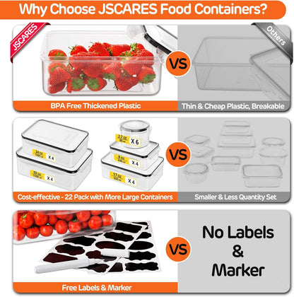 JSCARES 62 PCS Large Food Storage Containers with Lids Airtight (31 Lids & 31 Containers)- Reusable Plastic Leakproof Meal-Prep Container for Kitchen Storage Organization Microwave/Dishwasher Safe