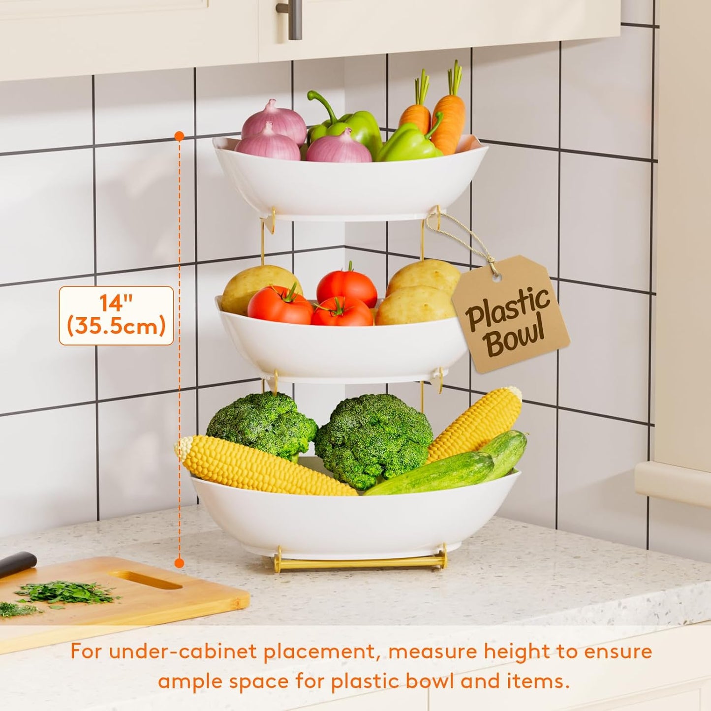 Lifewit Plastic Fruit Bowl for Kitchen Counter, 3 Tier Fruit Basket with Gold Metal Stand, Tiered Fruit Holder for Countertop Serving Tray for Vegetable/Dessert in Party 28 x 21 x 35cm/11 x 8.4 x 14