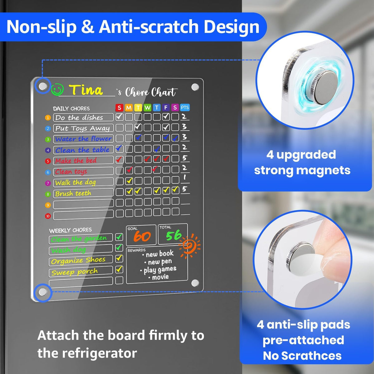 PigPotParty 2-in-1 Acrylic Magnetic Chore Chart for 2 Kids, Couples, Roommates, 15"x11" Large Dry Erase Chore Board for Fridge, Clear Weekly & Daily Reward Chart, Includes 12 Markers & Towel