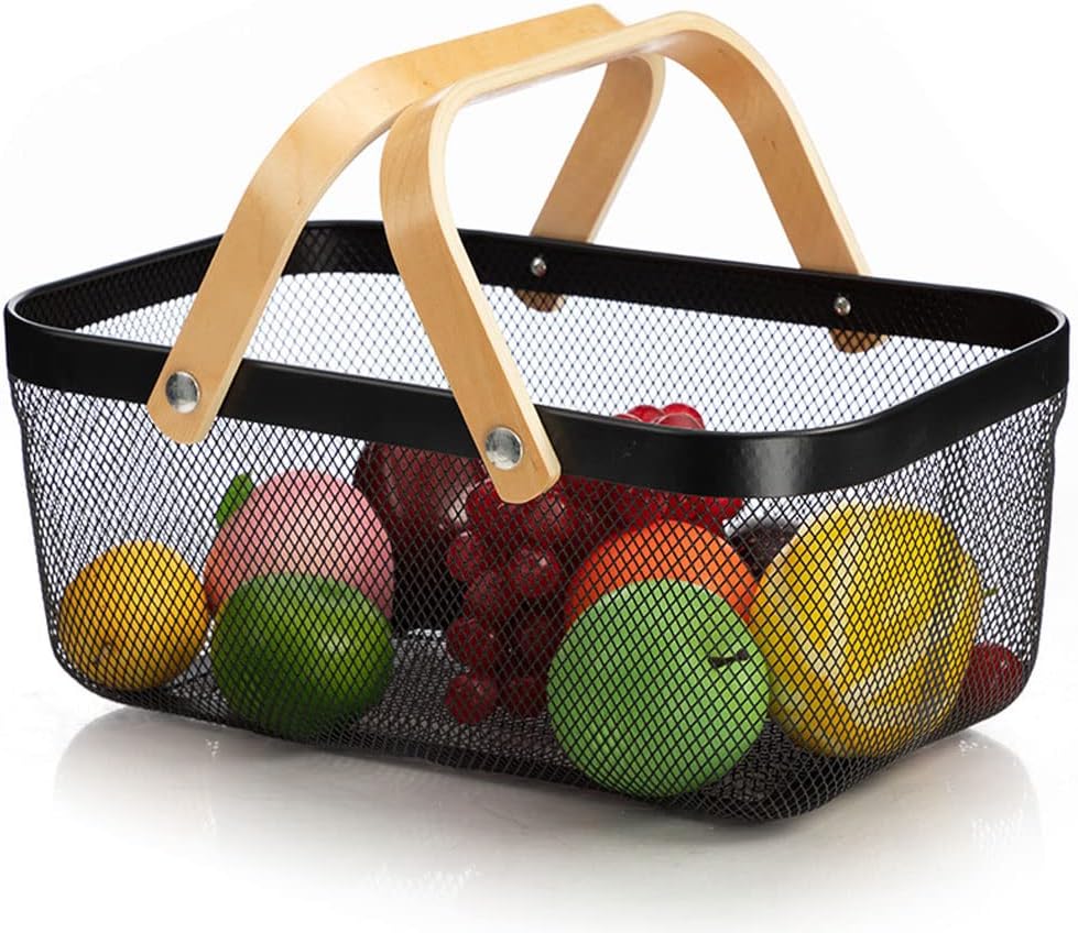 IBWell Square Metal Wire Woven Fruit Storage Bowl Basket with Wooden Handle, Large Black Mesh Fruit Stand, Multi-function Hanging Kitchen Baskets (White, Normal)