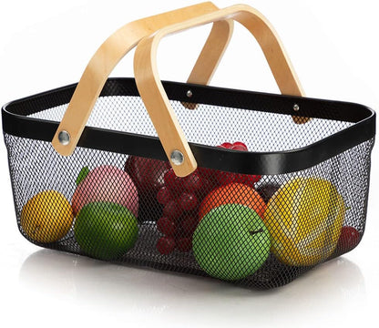 IBWell Square Metal Wire Woven Fruit Storage Bowl Basket with Wooden Handle, Large Black Mesh Fruit Stand, Multi-function Hanging Kitchen Baskets (White, Normal)