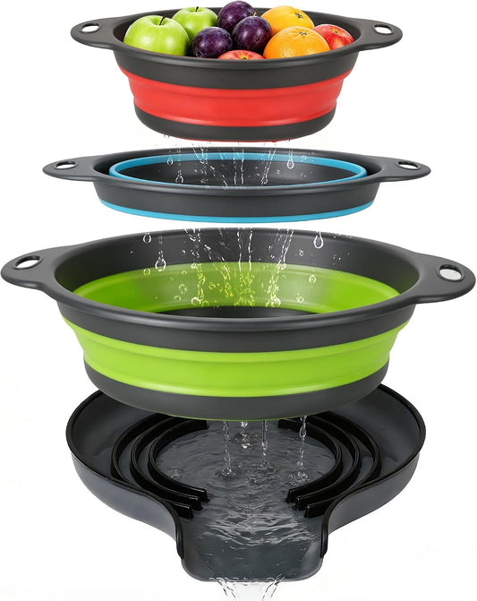 3-Pack Collapsible Colander for Kitchen with Self-Draining Base Foldable Strainers Set Round Food Drainer for Pasta Fruits and Vegetables (3QT, 4QT and 5QT)