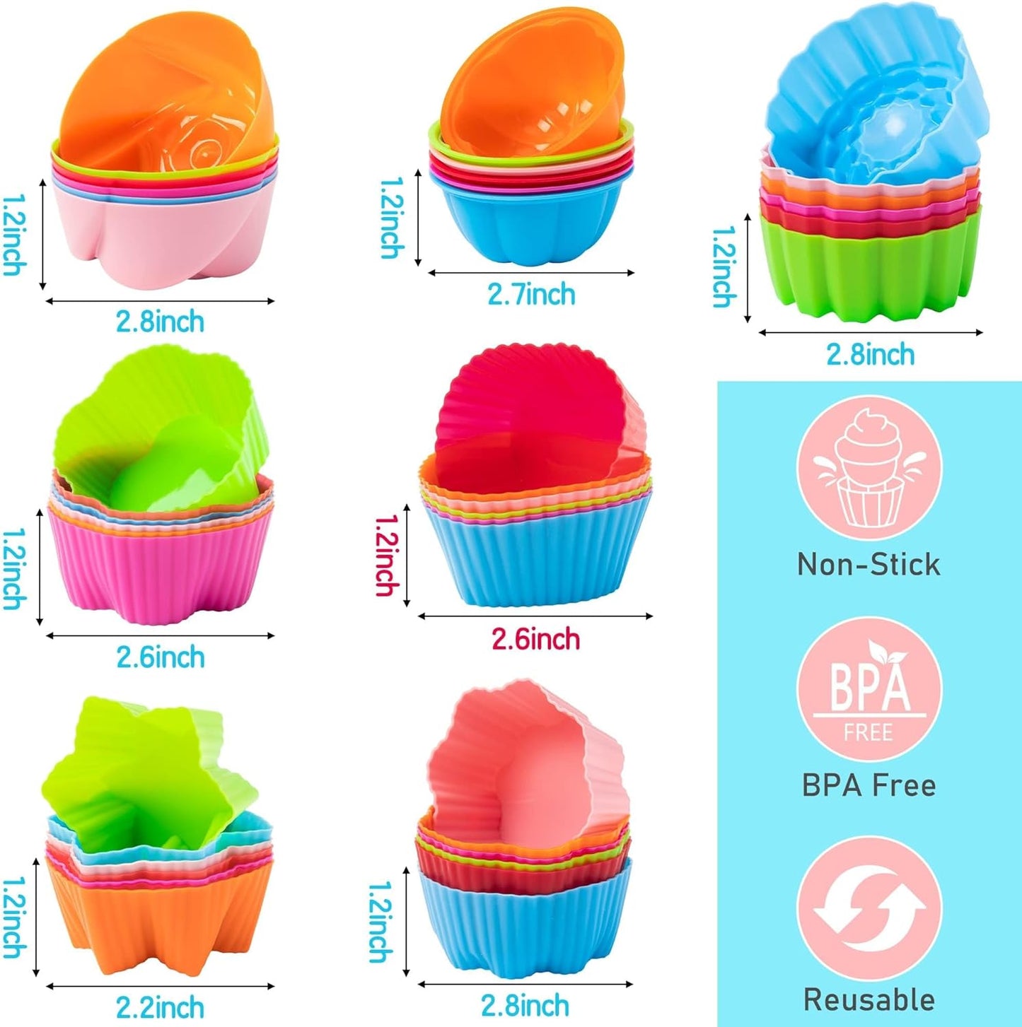 R HORSE 42Pcs Silicone Molds Cupcake 2 Inch Mini Size Reusable Muffins Liners Washable Non-Stick Donut Wrapper Mold Flower Shapes Baking Cups for Pan Oven Microwave Dishwasher