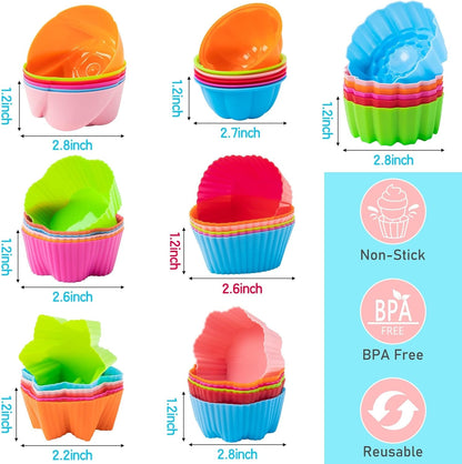 R HORSE 42Pcs Silicone Molds Cupcake 2 Inch Mini Size Reusable Muffins Liners Washable Non-Stick Donut Wrapper Mold Flower Shapes Baking Cups for Pan Oven Microwave Dishwasher