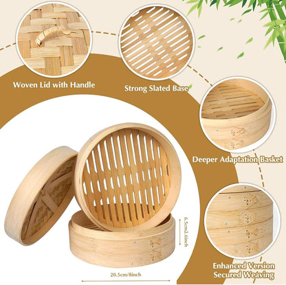 Bamboo Steamer 2 Tier 10-Inch Steaming Basket, Bun Vegetable Steam, Dumpling Steamer Bamboo Steam Basket, Chopsticks, Reusable Silicone Liner, Ring Adapter, for Chinese Asian Cuisine