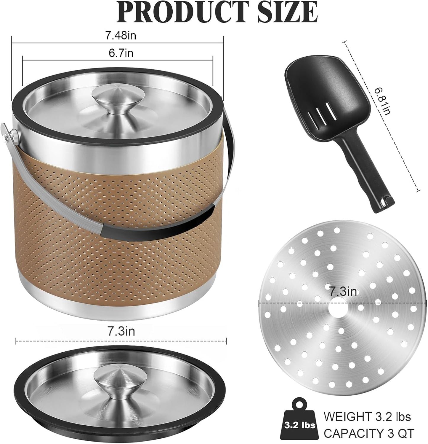 3.2L Double Wall Stainless Steel Ice Bucket with Lid,Scoop, Updated Insulated Ice Bucket for Cocktail Bar and Parties