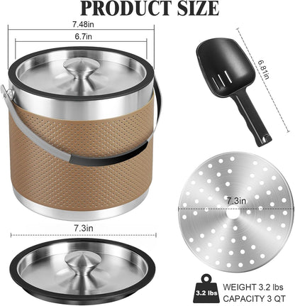 3.2L Double Wall Stainless Steel Ice Bucket with Lid,Scoop, Updated Insulated Ice Bucket for Cocktail Bar and Parties