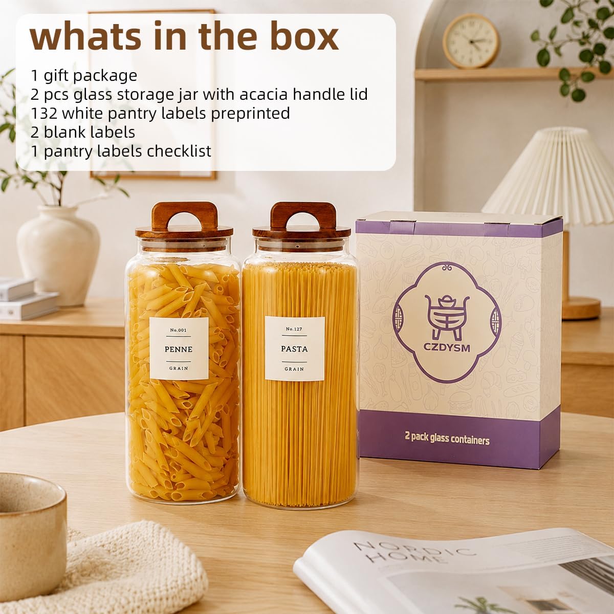 2 Pack Large Glass Flour and Sugar Containers with 132 Pantry Labels - 64 FL OZ Glass Canisters with Bamboo Airtight Lids - Farmhouse Glass Cookie Jars for Rice, Pasta, Cereal, Bath Salt