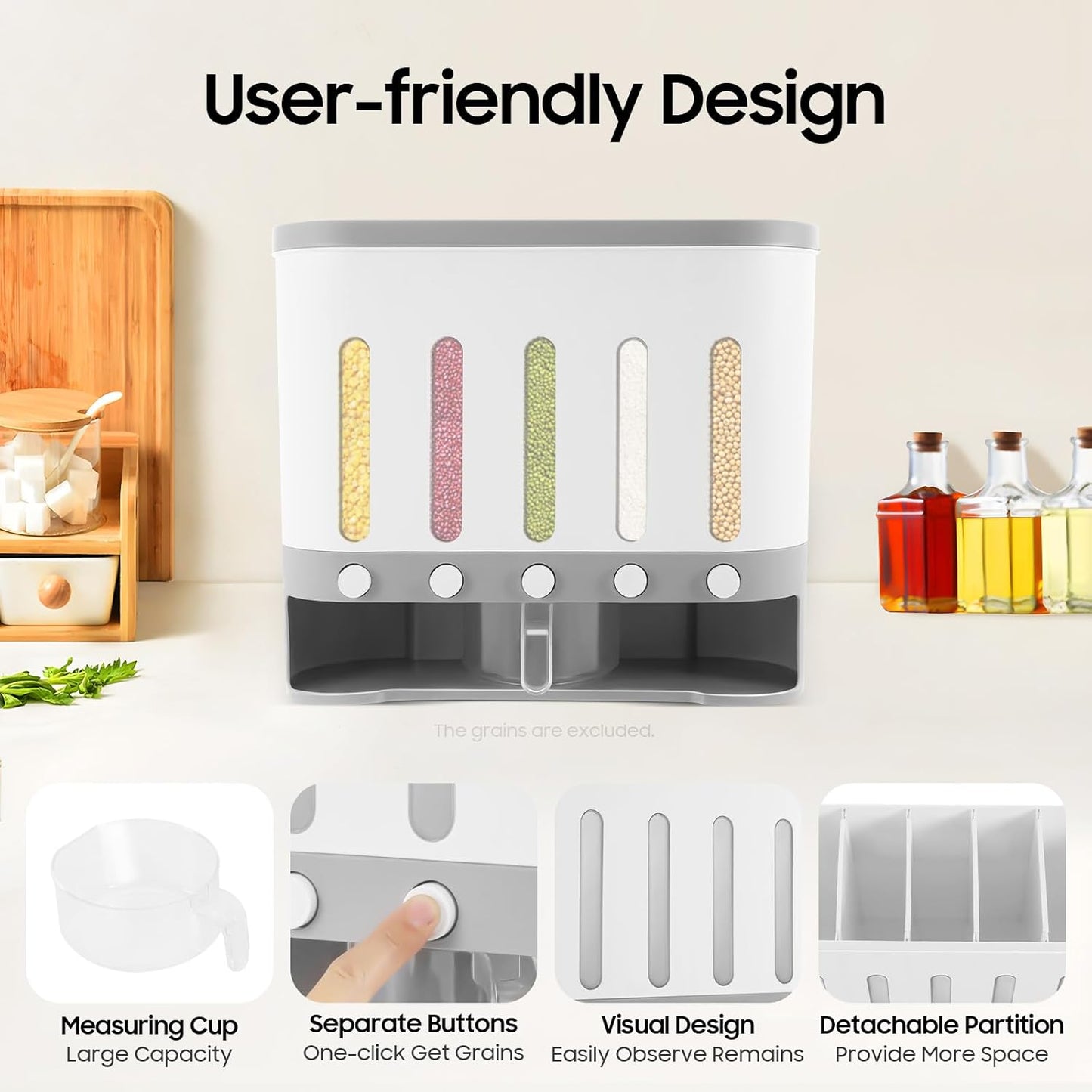 LYNICESHOP 5-Compartment Dry Food Dispenser & Storage Containers Set,Wall Mounted & Tabletop Grain Dispenser for Rice, Pet Food, Coffee Beans,Large Capacity with Measuring Cup