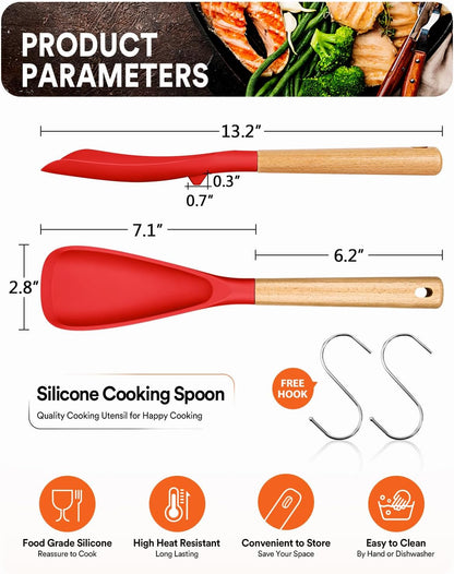 Cooking Spoon for Nonstick Cookwares, Great for Cooking and Serving Sturdy BPA-Free Matte Silicone, Wood Handle Spoon for Mixing, Scoop, and Scrape (Black & Grey, 11.4 inch)