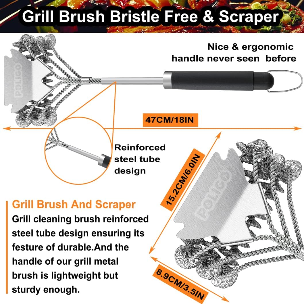 POLIGO Safe Grill Brush and Scraper Bristle Free 18" Grill Cleaner Brush - Stainless Steel BBQ Brush for Grill Cleaning - Wireless Grill Brush with BBQ Scraper for Grill - Gifts for Grill Wizard