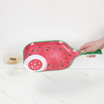 UPware Watermelon Melamine Chip and Dip Snack Tray, Summer Fruit Pickleball Paddle Shape Platter for Chips, Salsa, Fruits, and Appetizers, 15.75 x 8 Inch