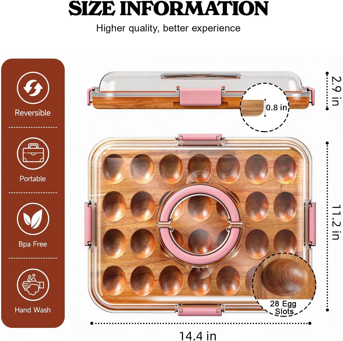 Renmxj Deviled Egg Containers with Lid, 28 Holes Reversible Acacia Wooden Deviled Egg Platter, Lid Dishwasher Safe Egg Tray, Ideal Gift for Women Kitchen & Party (Black)