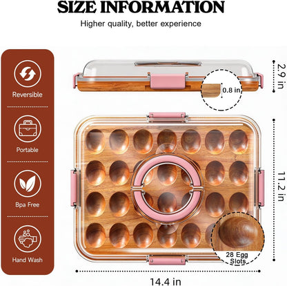 Renmxj Deviled Egg Containers with Lid, 28 Holes Reversible Acacia Wooden Deviled Egg Platter, Lid Dishwasher Safe Egg Tray, Ideal Gift for Women Kitchen & Party (Black)