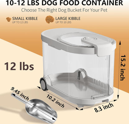 Airtight Dog Food Storage Container with Desiccant Chamber,Cat Food Storage with Timer,Wheels & Scoop,7 Liter,10-12 lbs/7 kg,for Small Dog,Cat & Bird Feed,Clear BPA-Free Slim Rolling Bin with Lid