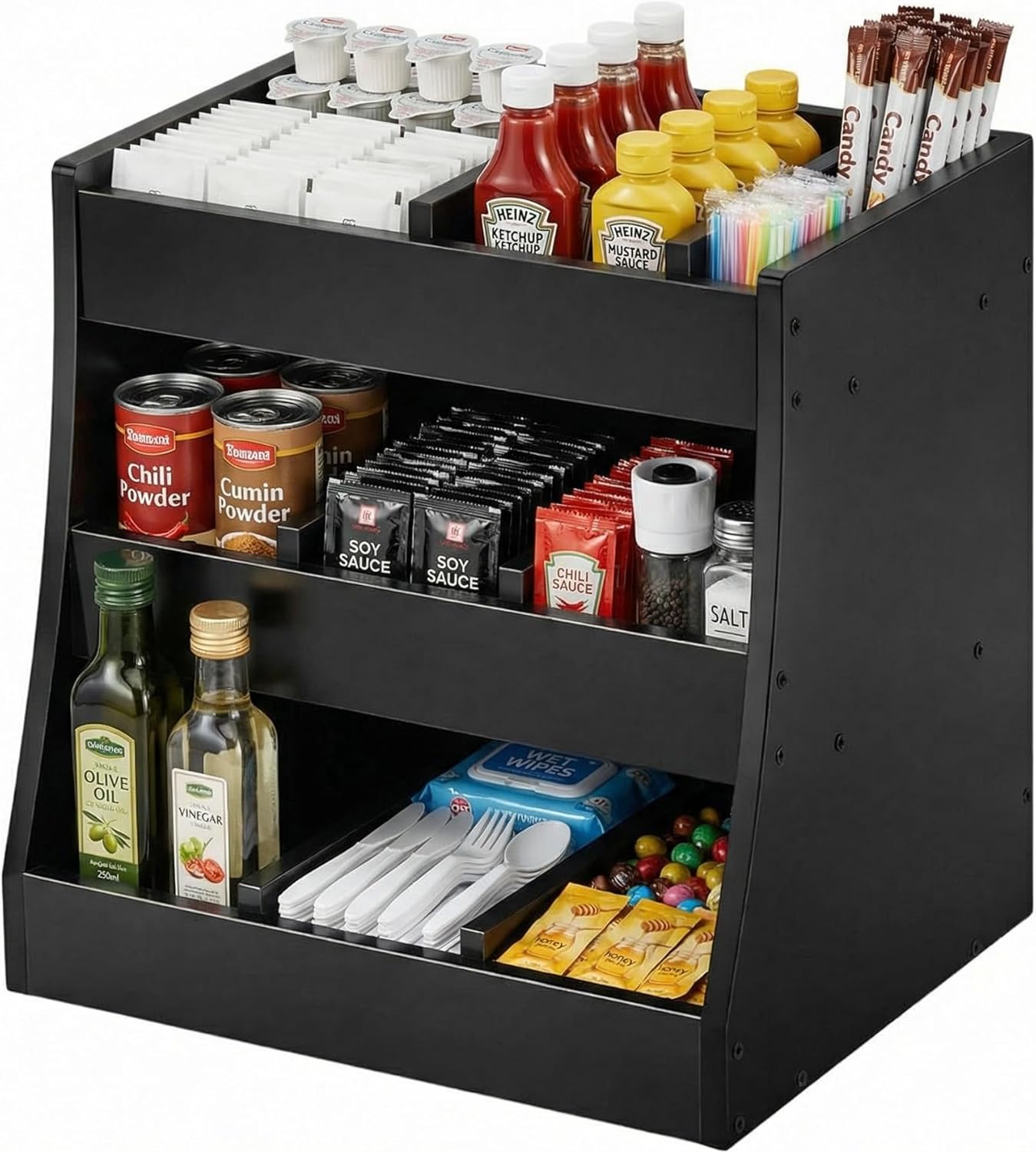 Blulu 3-tier Adjustable Condiment Organizer for Countertop Condiment Food Beverage Holder Wooden Condiments Bottle Sauce Packet Organizer Bin for Coffee Shops Restaurants Bars 14.5" x14.8" x 11.75"