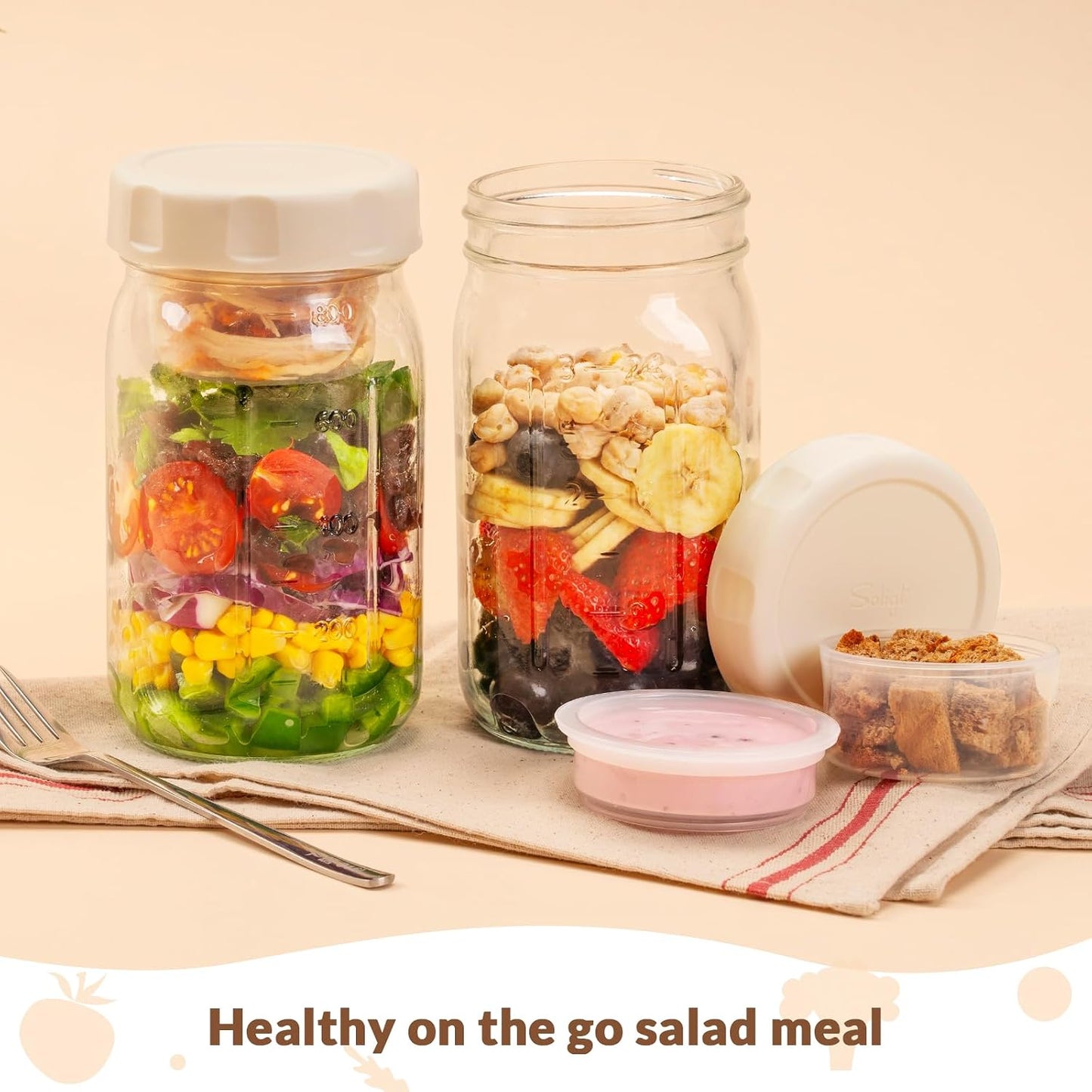 SOLIGT 4 Pack Glass Salad Jars with Lids Meal Prep, Leakproof Container for Lunch, with Wet/Dry Separation Cups, 32oz Mason Jars (Pink/Orange/Sky Blue/Olive Green)