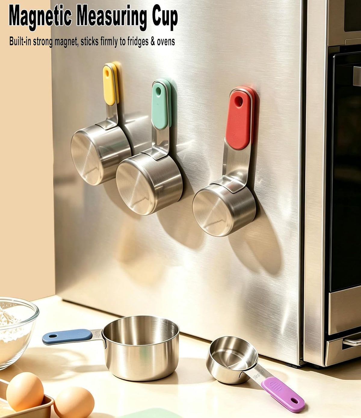 Magnetic Handles Stainless Steel Measuring Cups, Black, Kitchen Gadgets for Measure Liquid and Dry Ingredients, Cooking & Baking