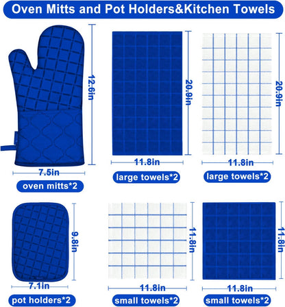 Oven Mitts Kitchen Towels and Dishcloths Pot Holders Sets, Oven Gloves Kitchen Dish Towels 500 Degree Heat Resistant Potholders with Non-Slip Silicone Surface for Cooking, Grilling, Baking-Gray