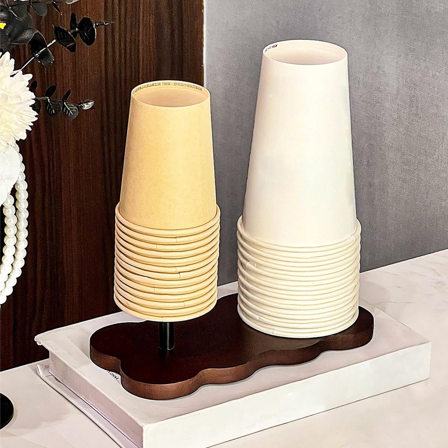 Wood Disposable Cup Dispenser for Countertop | Stylish Bathroom Cup Holder - Perfect for Plastic Mouthwash Cup Storage Organizer,Coffee Paper Cups and Kitchen,Take Out Cup Carriers for Party