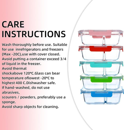 5 Pack 30oz Glass Meal Prep Containers - 2 Compartment Glass Food Storage Containers with Lids, Airtight Bento Boxes, Oven, Freezer & Dishwasher Safe