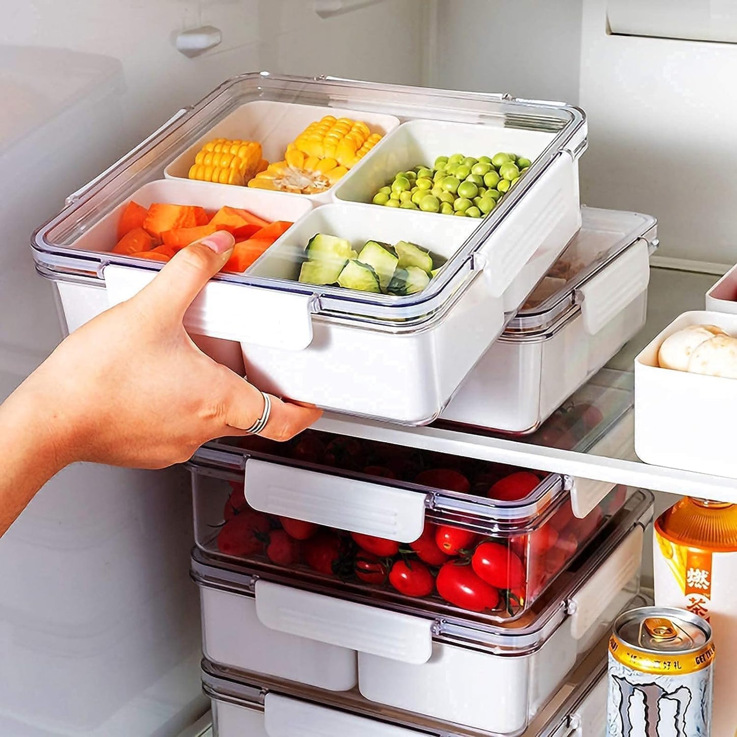 Divided Serving Tray with Lid for Veggie Charcuterie Container Portion Control Salad Keeper with 4 Removable Boxes Stackable Refrigerator Organizer Bins Food Storage Organizer Produce Saver