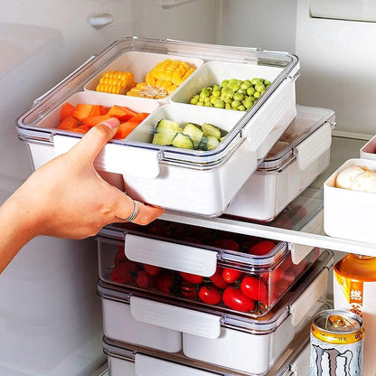 Divided Serving Tray with Lid for Veggie Charcuterie Container Portion Control Salad Keeper with 4 Removable Boxes Stackable Refrigerator Organizer Bins Food Storage Organizer Produce Saver